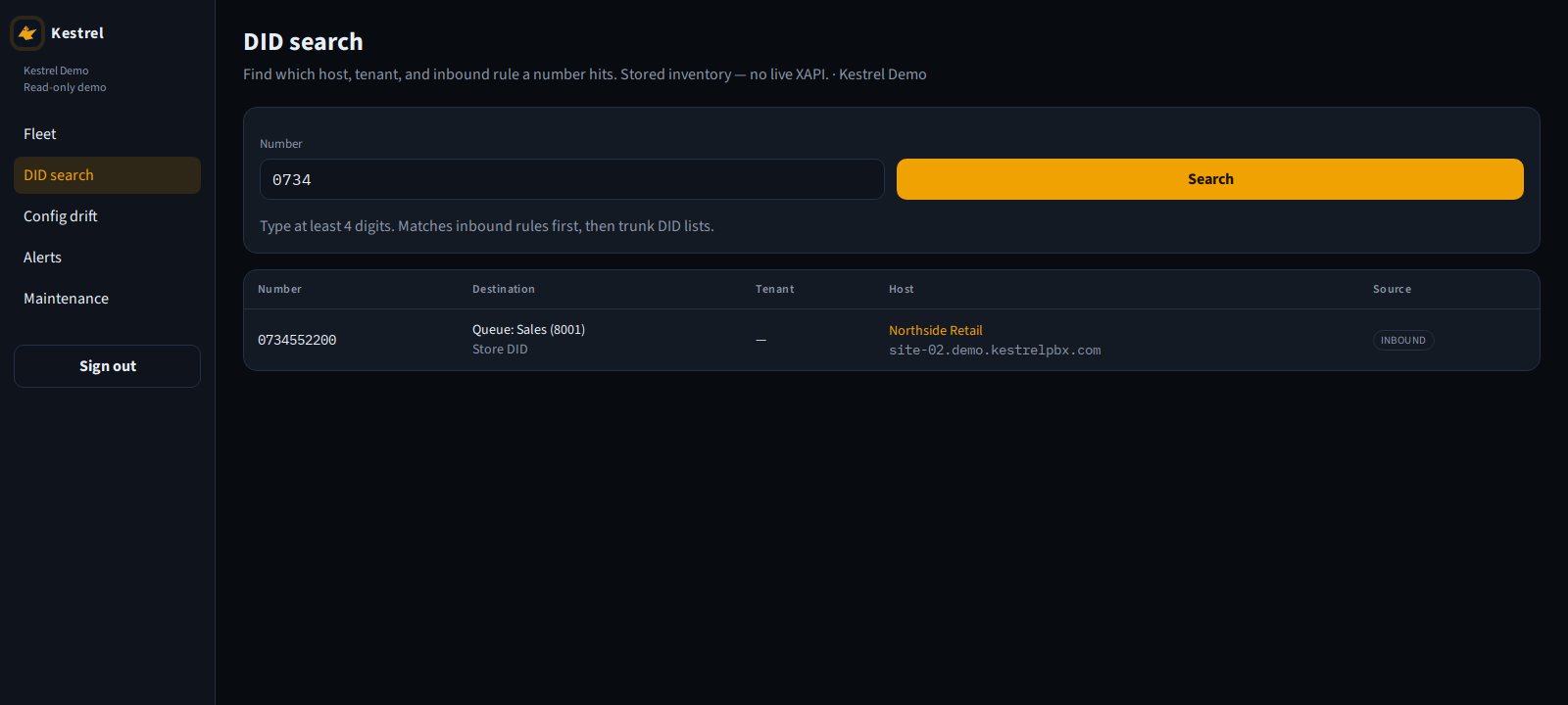 Kestrel DID search for 0734 matching Northside Retail inbound rule Store DID to Queue Sales 8001
