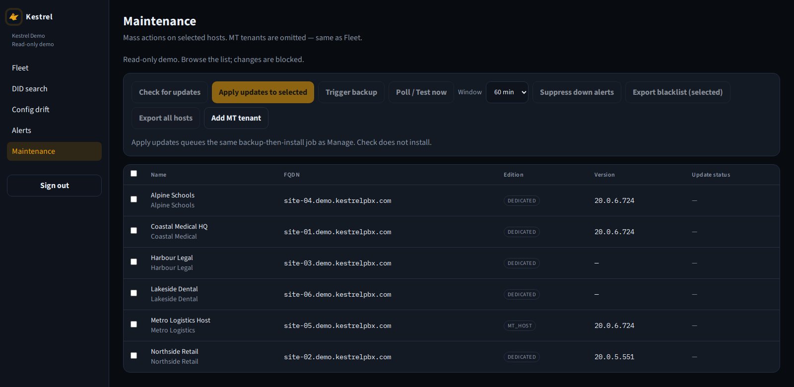 Kestrel fleet maintenance actions for 3CX updates, backups, poll now, and alert suppression