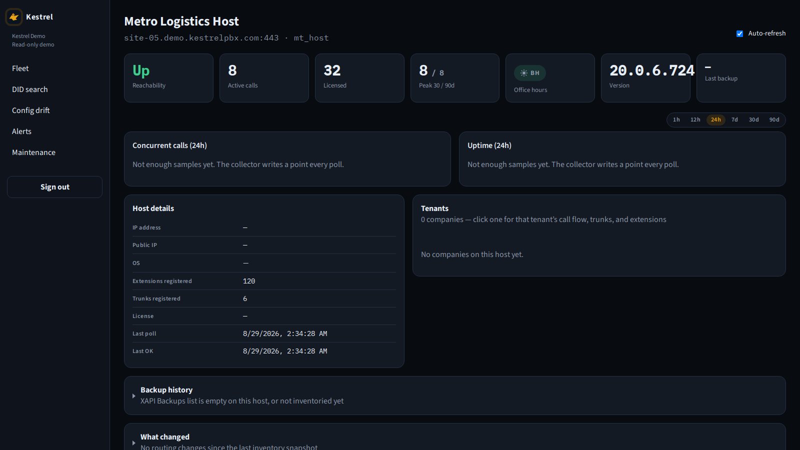 Kestrel multi-tenant host listing companies — click a company for that tenant’s call flow, trunks, extensions, and SBCs
